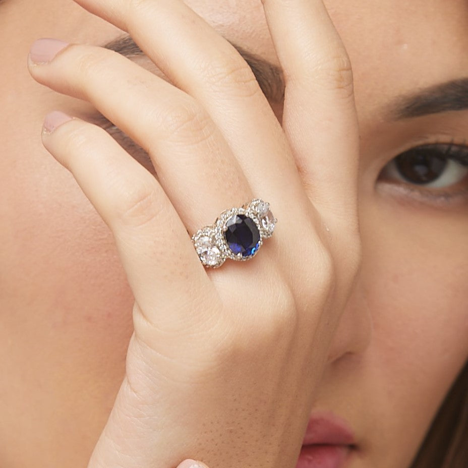 3 Stone Halo Tanzanite Ring